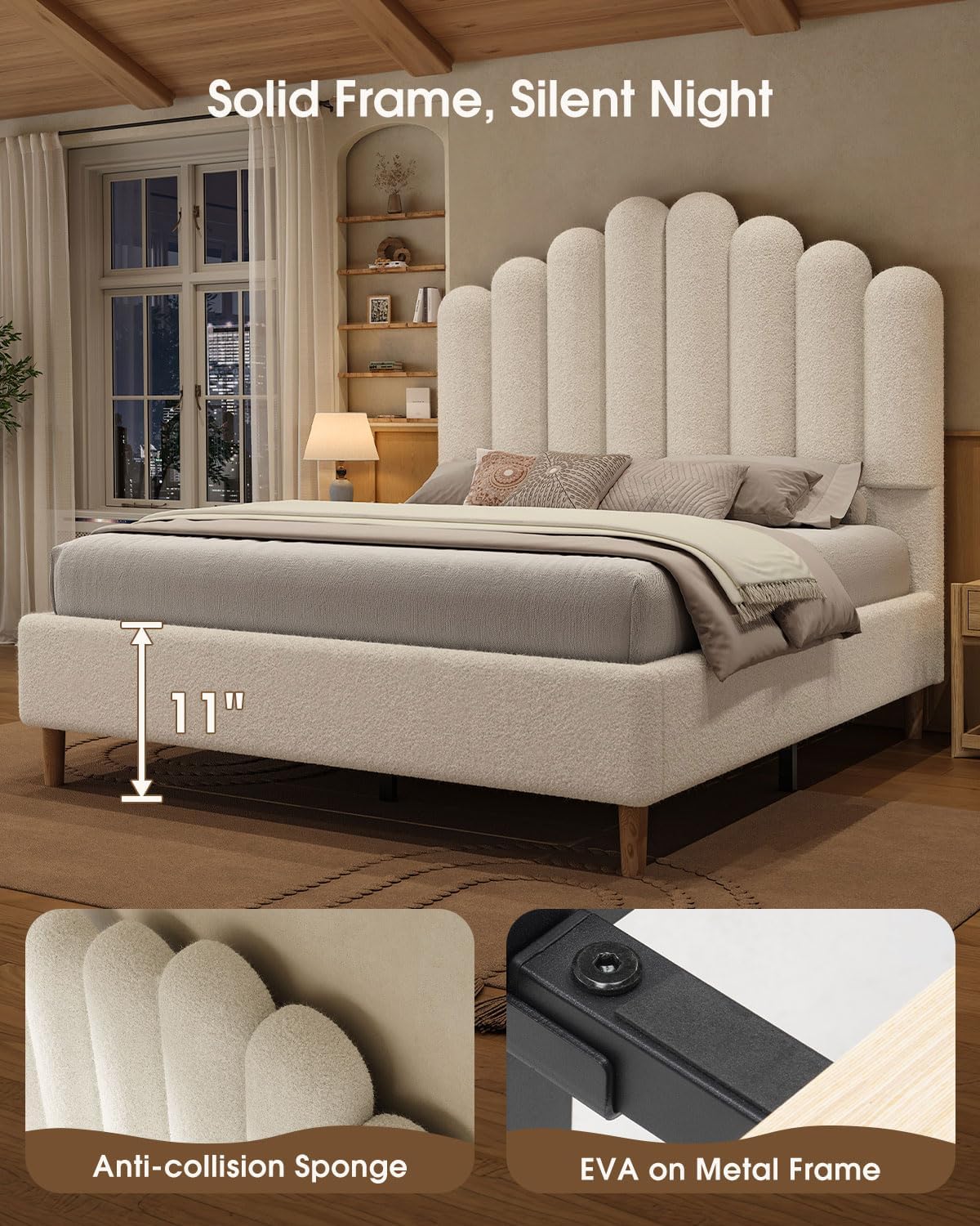 Full Size 57" Tall Boucle Bed Frame with Cloud Upholstered Headboard, Soft Bedframe with Round Corners, Solid Wood Legs, No Box Spring Needed, Easy Assembly, White