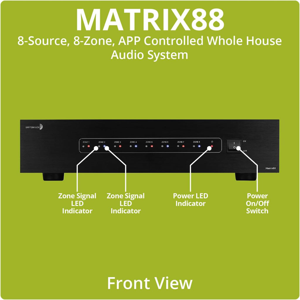 Dayton Audio Matrix88 APP Controlled Matrix Audio Switcher 8 Zones of inputs and outputs, 12V Trigger outputs, and RS232 Support