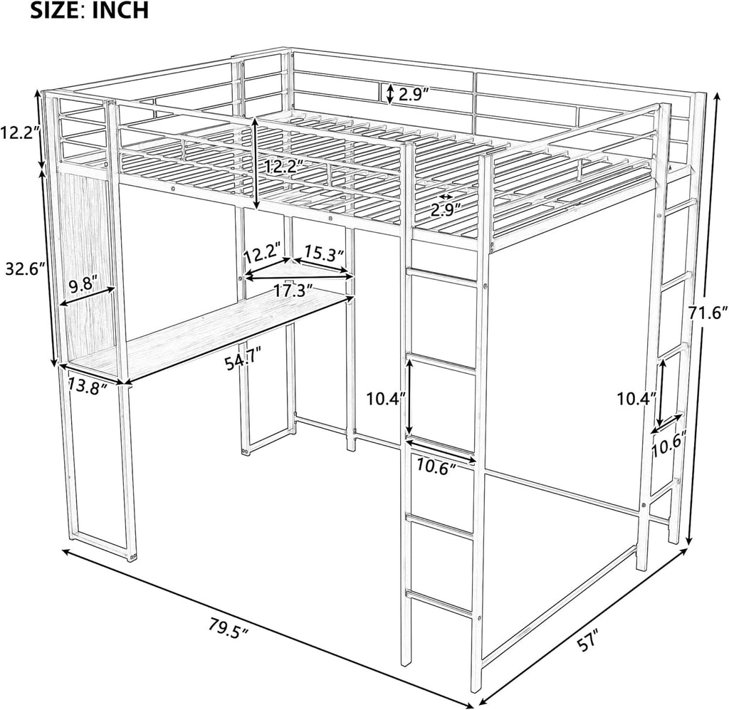 Bellemave Full Size Loft Bed with Desk and Storage Shelf and Ladder, Metal Full Size Loft BedFrame,Black