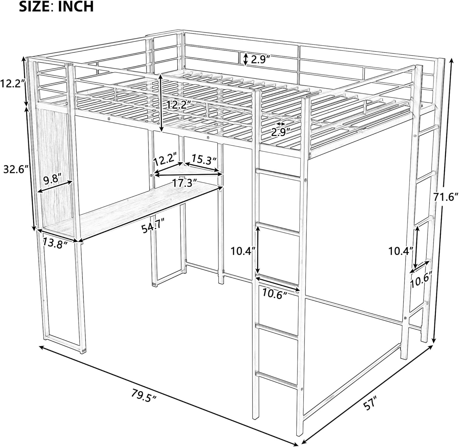 Bellemave Full Size Loft Bed with Desk and Storage Shelf and Ladder, Metal Full Size Loft BedFrame,Black