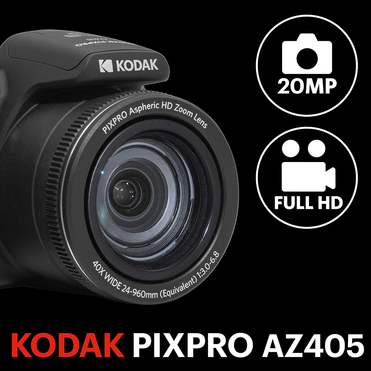 Kodak PIXPRO AZ405 Digital Camera, 40x Optical Zoom Bridge with 20MP Sensor, AA Batteries, OIS, 1080p Full HD Video, Black
