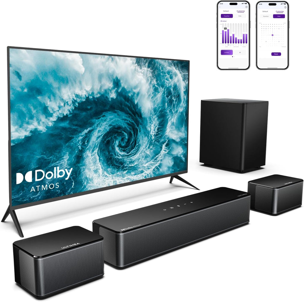 ULTIMEA 5.1 Sound Bar with Dolby Atmos, 410W Surround Sound System for TV, 3D Sound Bars for Smart TV with Subwoofer, Adjustable Surround and Bass, Home Audio Soundbars for TV, HDMI eARC, Poseidon D60