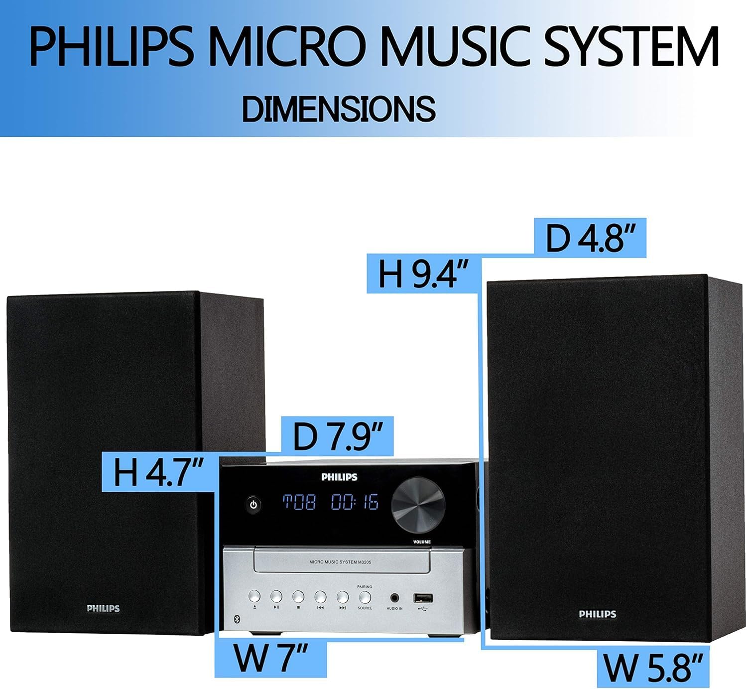 Philips Bluetooth Stereo System for Home with CD Player for Home, Wireless Streaming, MP3, USB, Audio in, FM Radio, 18W, Micro Music Sound System