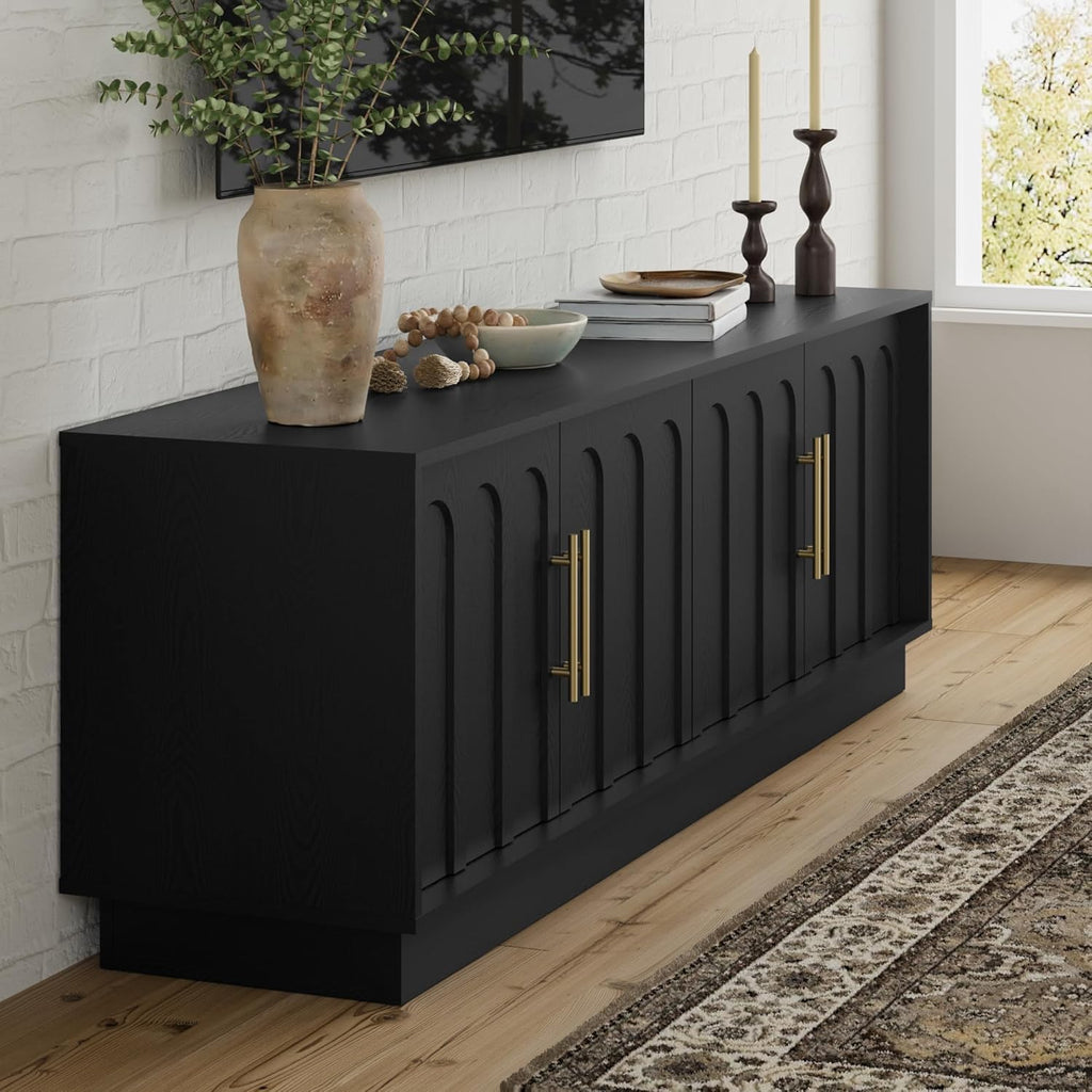 FORTUNETEC TV Stand for 75 Inch TV, 67" Entertainment Center with Arched Design, Minimalist Media Console with Adjustable Shelves, Modern TV Stand for Living Room Bedroom, Black
