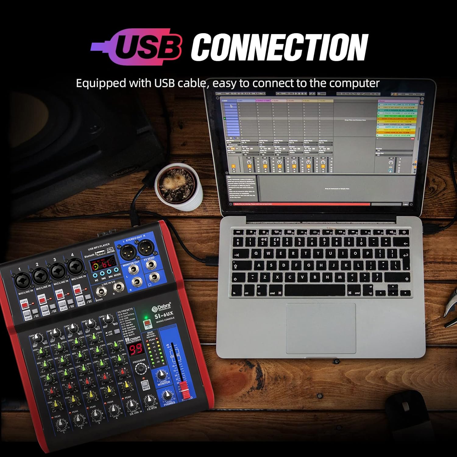 D Debra SI Series Professional Portable Recording Mixer Audio with 99 DSP Digital Effects Mic Preamps and USB for DJ Mixer Console Karaoke Home Recording Studio (SI-6UX)