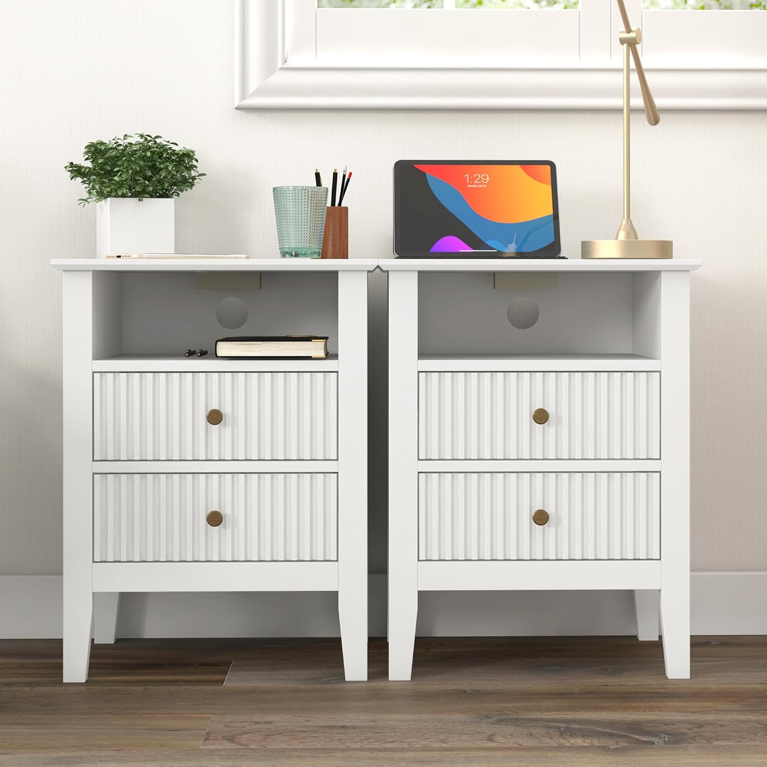 RoyalCraft Fluted Nightstand Set of 2 with Charging Station, White End Table with 2 Silent Slide Drawers & Storage Shelf, Modern Side Table, Wood Night Stand Cabinet for Bedroom