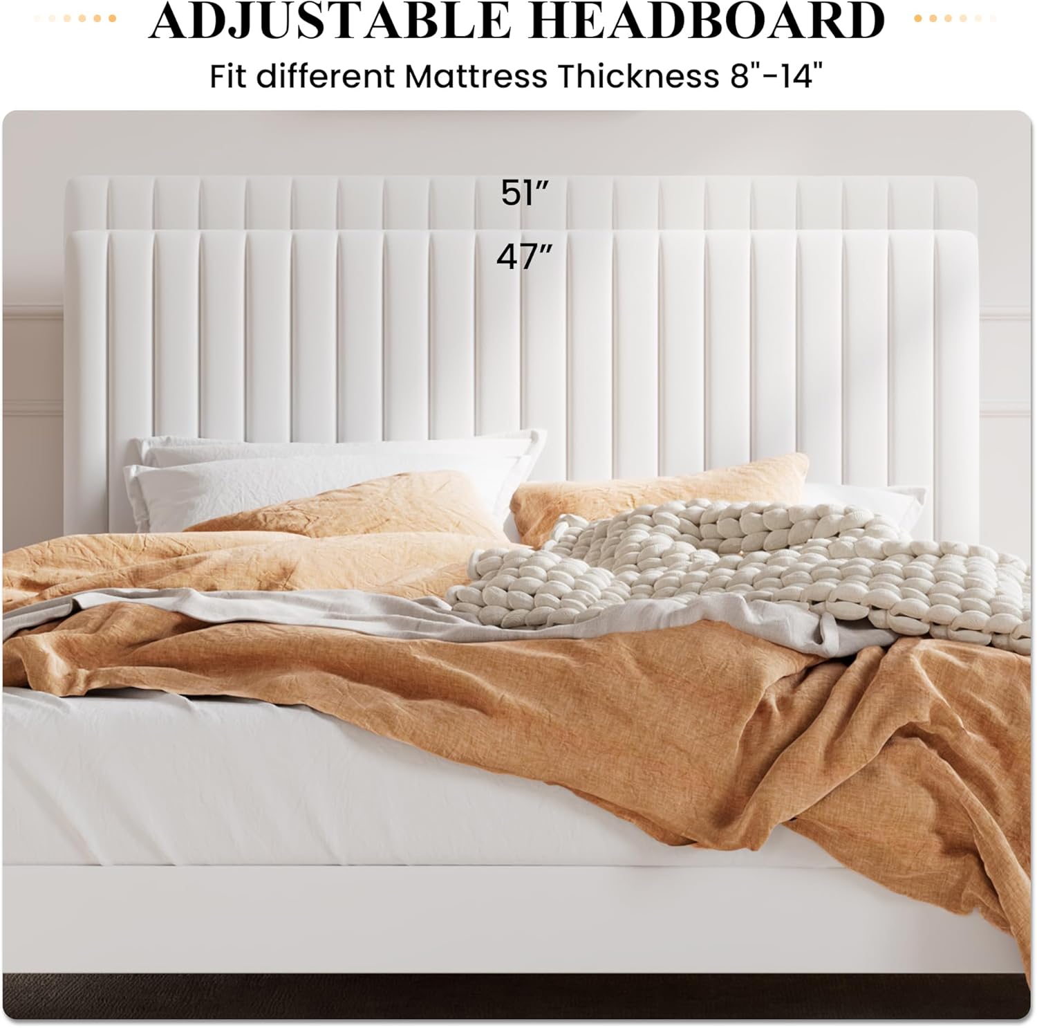 SHA CERLIN Queen Upholstered Platform Bed Frame with Vertical Channel Tufted Velvet Fabric Adjustable Headboard, Wooden Slats Support, Mattress Foundation, Box Spring Optional, White