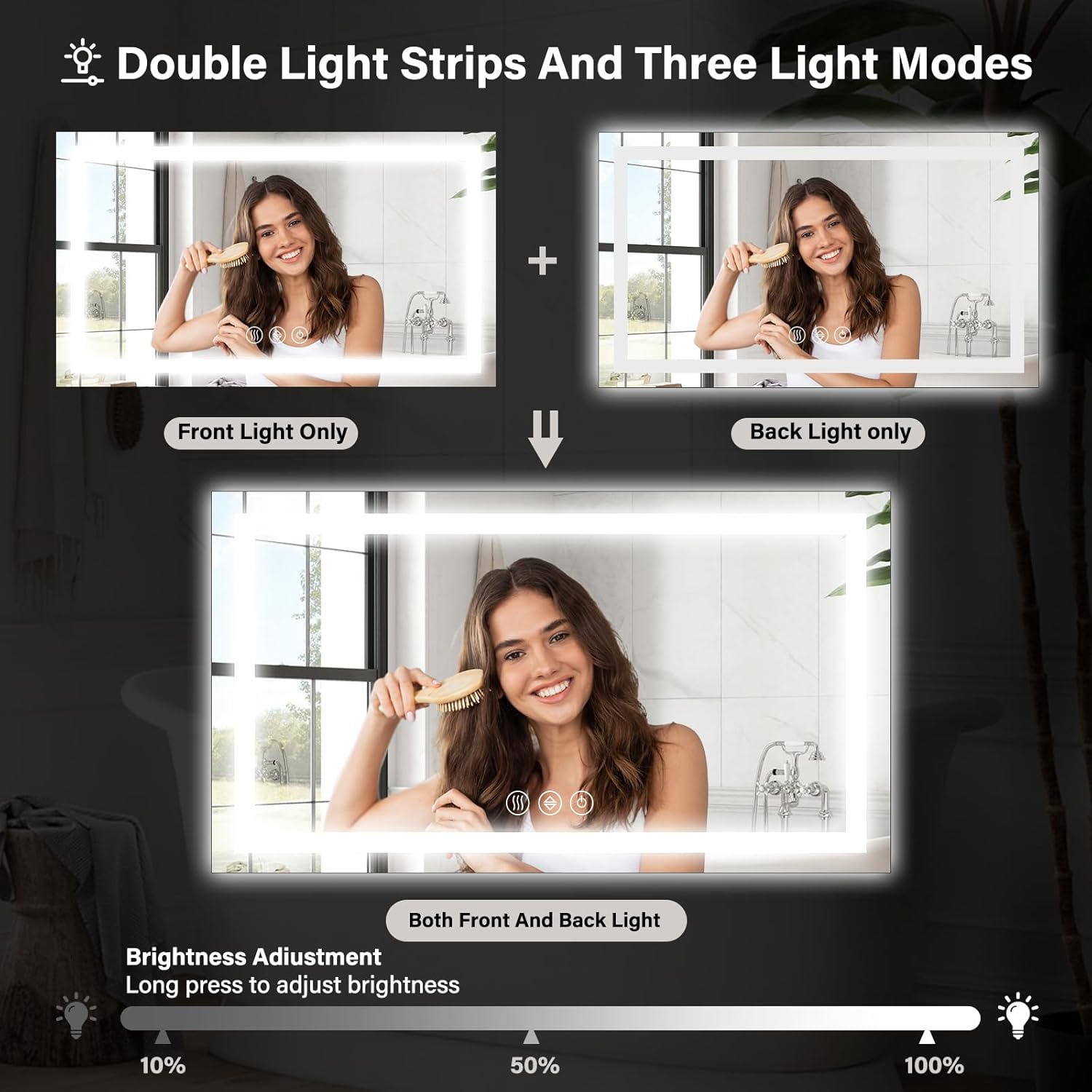 XRAMFY 40"x 60"LED Bathroom Mirror, Backlit + Front Lit, LED Bathroom Mirror with Lights for Wall, 3 Colors, Anti-Fog, Dimmable Brightness, Tempered Glass