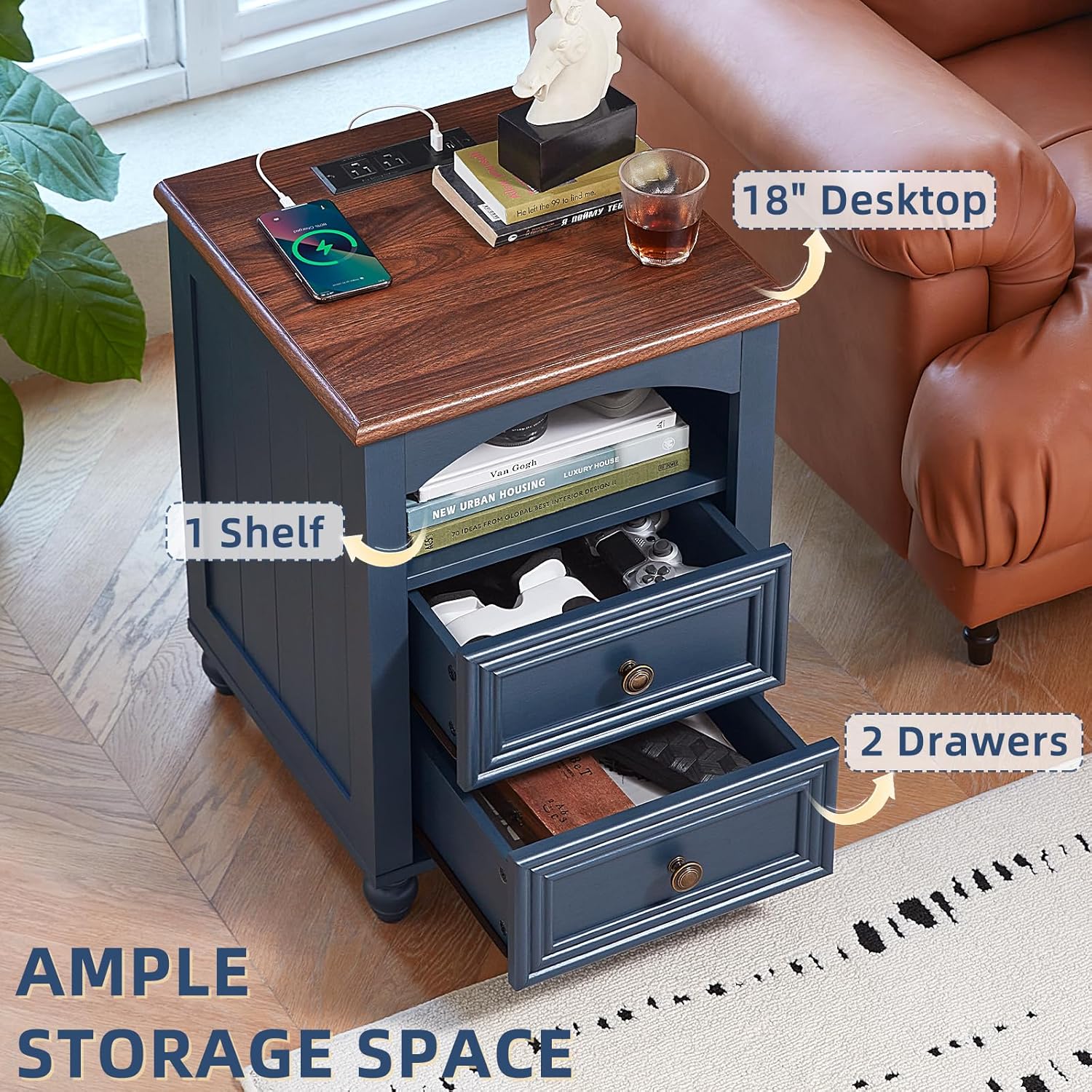 Farmhouse Dressers & Night Stand Set of 4, Wood 54" Wide Dresser & 43.5"Tall Chest of Drawers, 18" with Charging Station Nightstand Set of 2, Bedroom Furniture Dresser Set for Home Living Room Hallway