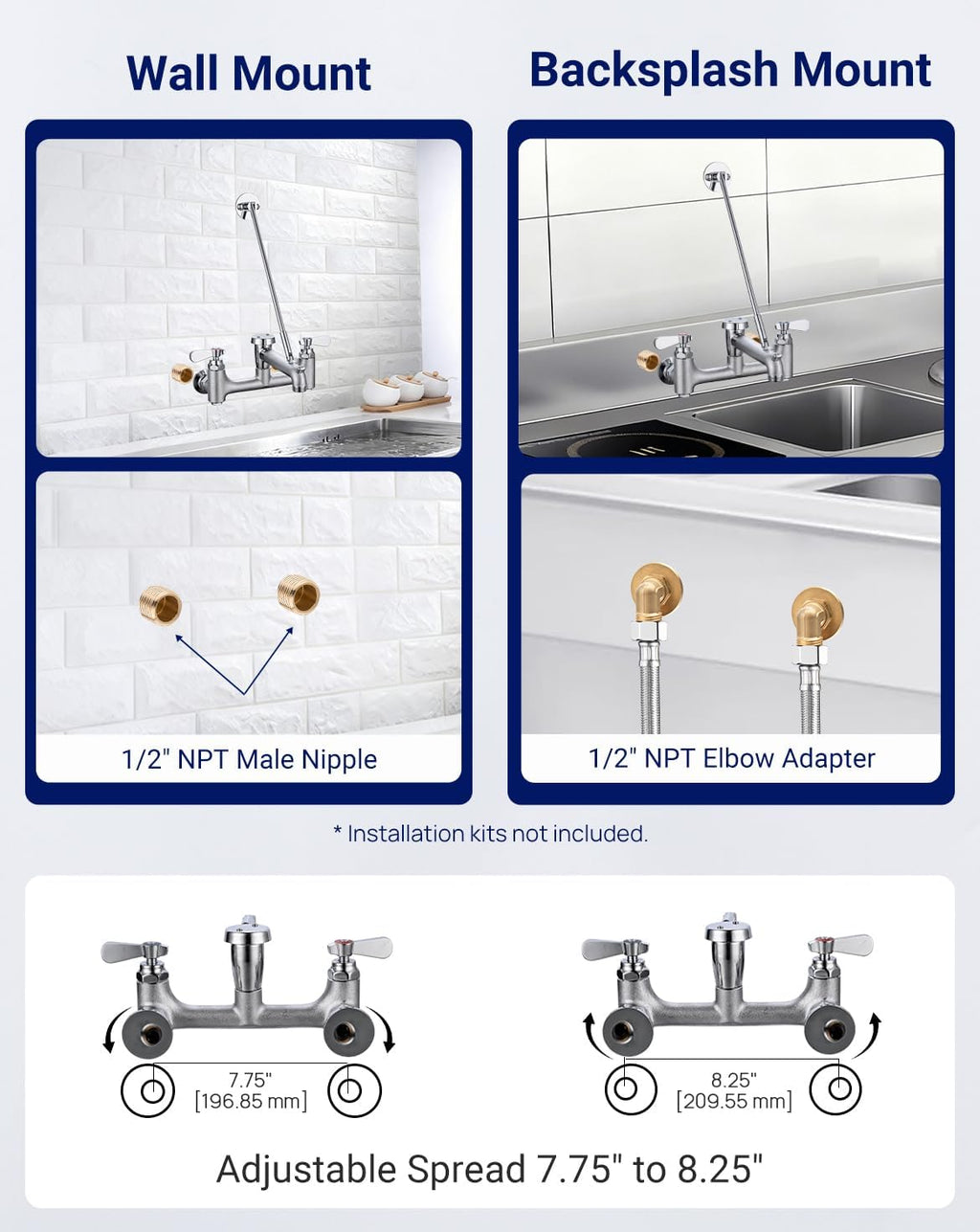 Commercial Mop Sink Faucet 8" Center Wall Mount, Heavy-Duty Service Sink Faucet with Vacuum Breaker 3/4" Hose Thread, for Industrial Outdoor Janitor Floor Mop Sink, Brass Casted Chrome Finish