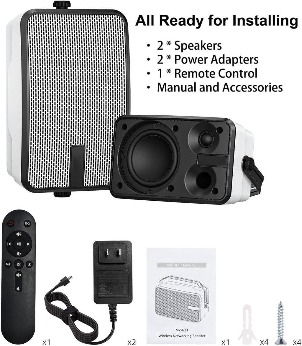 400W Outdoor Bluetooth Speakers, Wireless Sync Between Speakers, Powerful Bass, Wall Mount for Patio, Porch, Gazebo, Garage, 2-Pack, White(MZ-621)