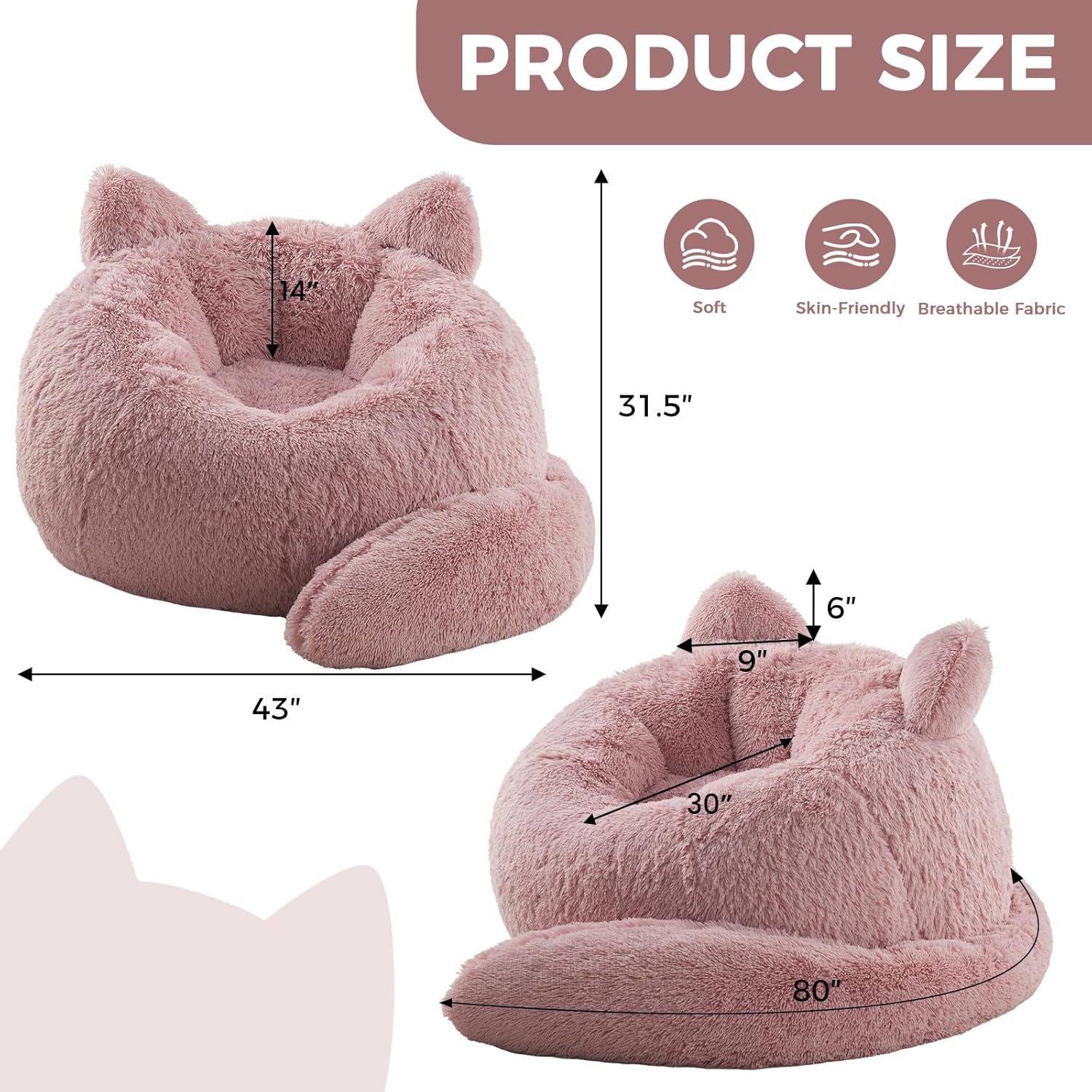 EBENCHICO Bean Bag Chair for Adults Teen,Giant Bean Bag Chairs Cat Design,Plush Faux Fur Beanbag Couch Comfy Accent Floor Sofa for Reading, Playing, Relaxing in Living Room, Bedroom