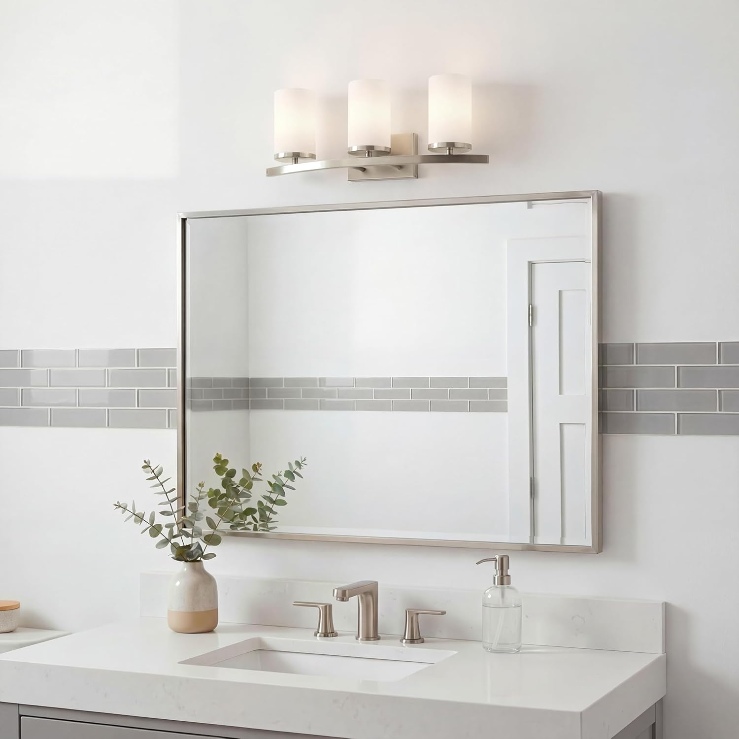 Kichler Crosby 23" Vanity Light in Brushed Nickel, 3-Light Contemporary Bathroom Light with Satin Etched Cased Opal Glass, (23" L x 8.75" H), 45497NI