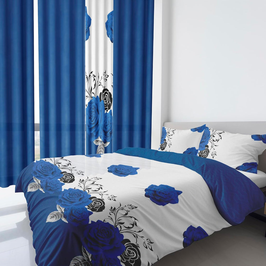 Deepsleep Queen Size Quilt Set 9 Pieces with Matching Curtain, with 2 Pillowcases and 6 Curtains for Bedroom, Machine Washable Microfiber Bedding Set for All Season, Blue Rose