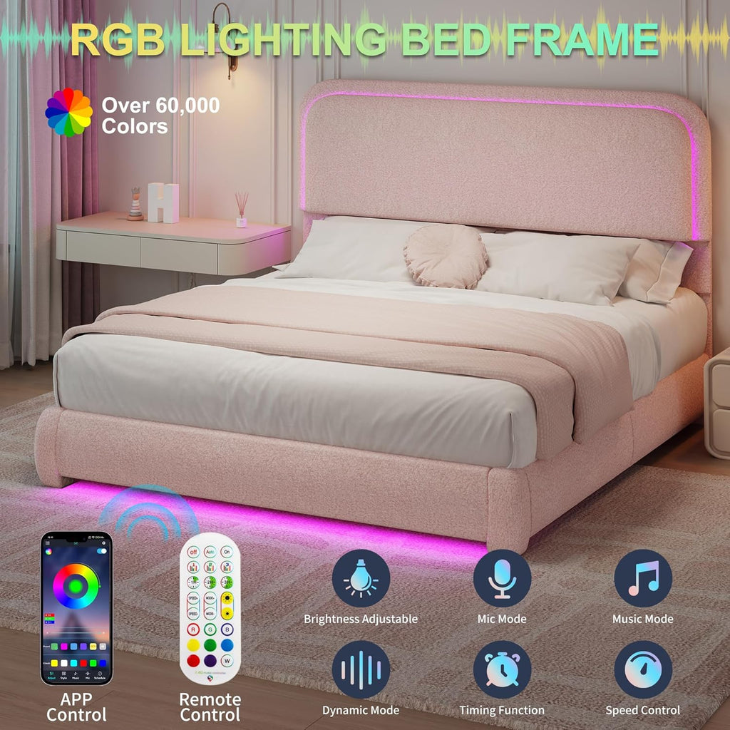 Queen Bed Frame, Soft Teddy Fleece Upholstered Platform Bedframe with Thickened Rounded Corners Headboard Footboard, Modern Curved Shaped Cloud Bed Frame with LED Lights, No Box Spring Needed, Pink