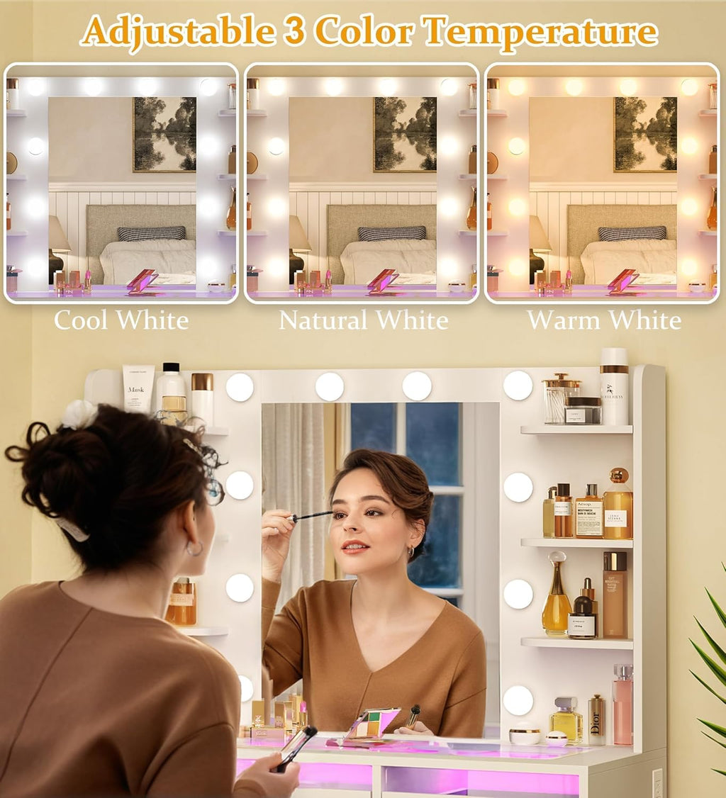 HUAHUU Vanity Desk with Mirror and Lights, Makeup Vanity Desk with Lights 3 Colors, Transparent Top Vanity with 2 RGB Drawers, 6 Shelves, Large Tempered Cabinet, Power Outlet, for Bedroom, White