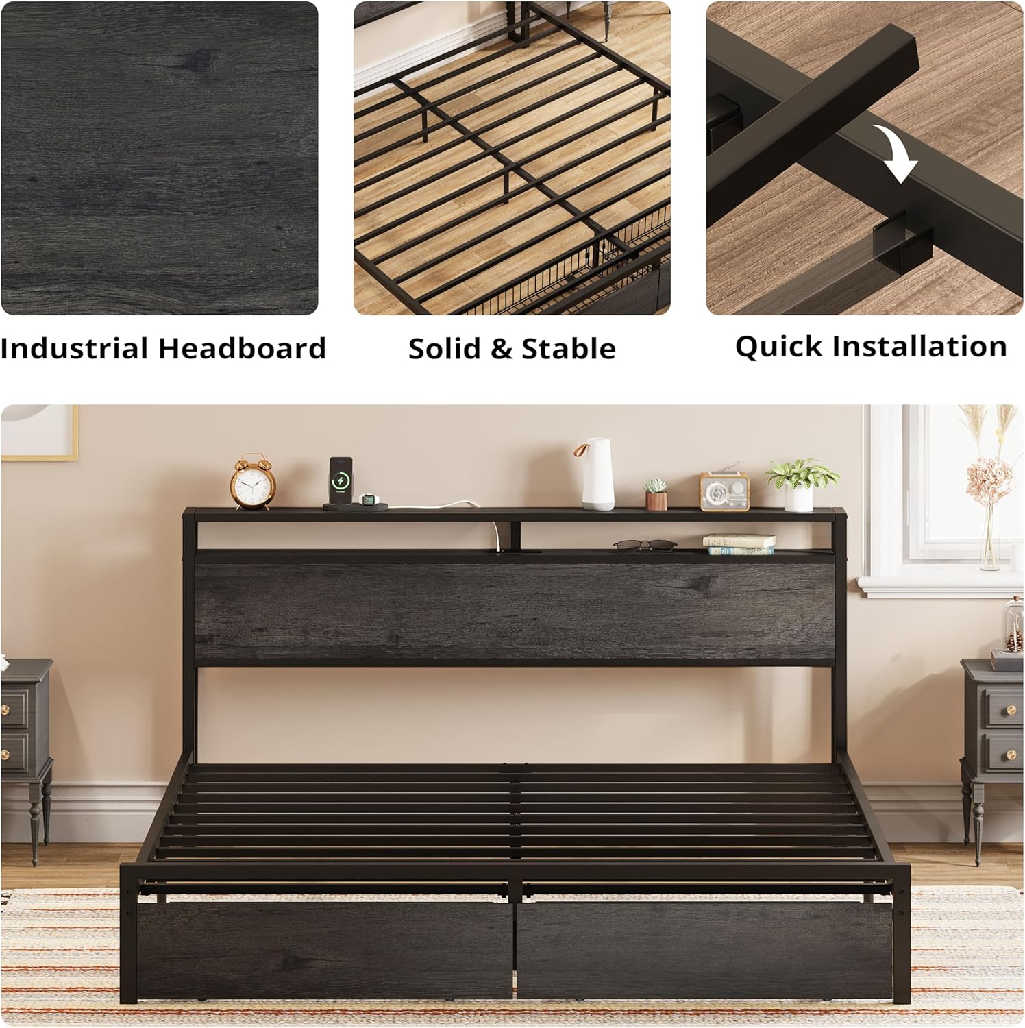 LIKIMIO King Bed Frame with Storage Headboard, Platform Bed with Drawers and Charging Station, No Box Spring Needed, Easy Assembly, Charcoal Grey