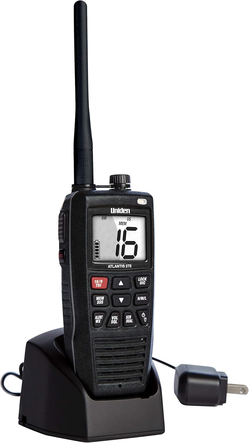 Uniden Atlantis 275 Handheld Two-Way VHF Marine Radio, Floating IPX8 Submersible Waterproof, Large Dual-Color Screen, 6-Watt, All USA/International/Canadian Marine Channels, NOAA Weather Alerts