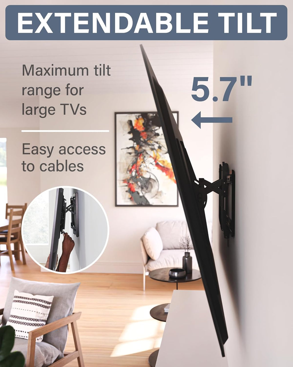 SANUS Tilting TV Wall Mount for 46" - 90” TVs or 150lbs - Premium Tilt Mount w/Universal Fit - Smooth 5.7" Extension Allows for Cable Management - Includes Hardware & Drill Template for Easy Install