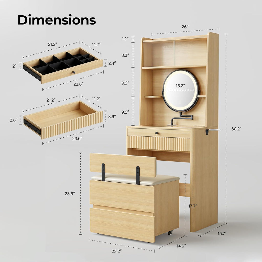 IRONCK Vanity Desk with Adjustable Makeup Mirror and LED Lights, Modern Glass Top with Storage Drawers & Shelves, Hidden Stool Storage, Dressing Table Set w/Charging Station for Bedroom, Oak