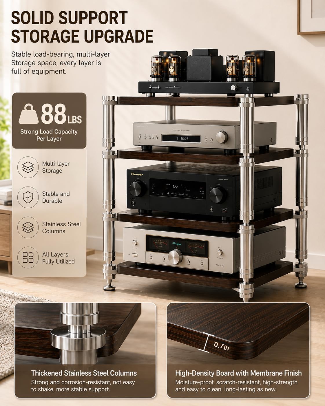 Heavy Duty AV Stand, Open Design's Audio Racks with Shock-Absorbing Foot pegs, Strong Load-Bearing Capacity Audio Component Rack, for Offices and Recording Studios (Black Black, 4tier)