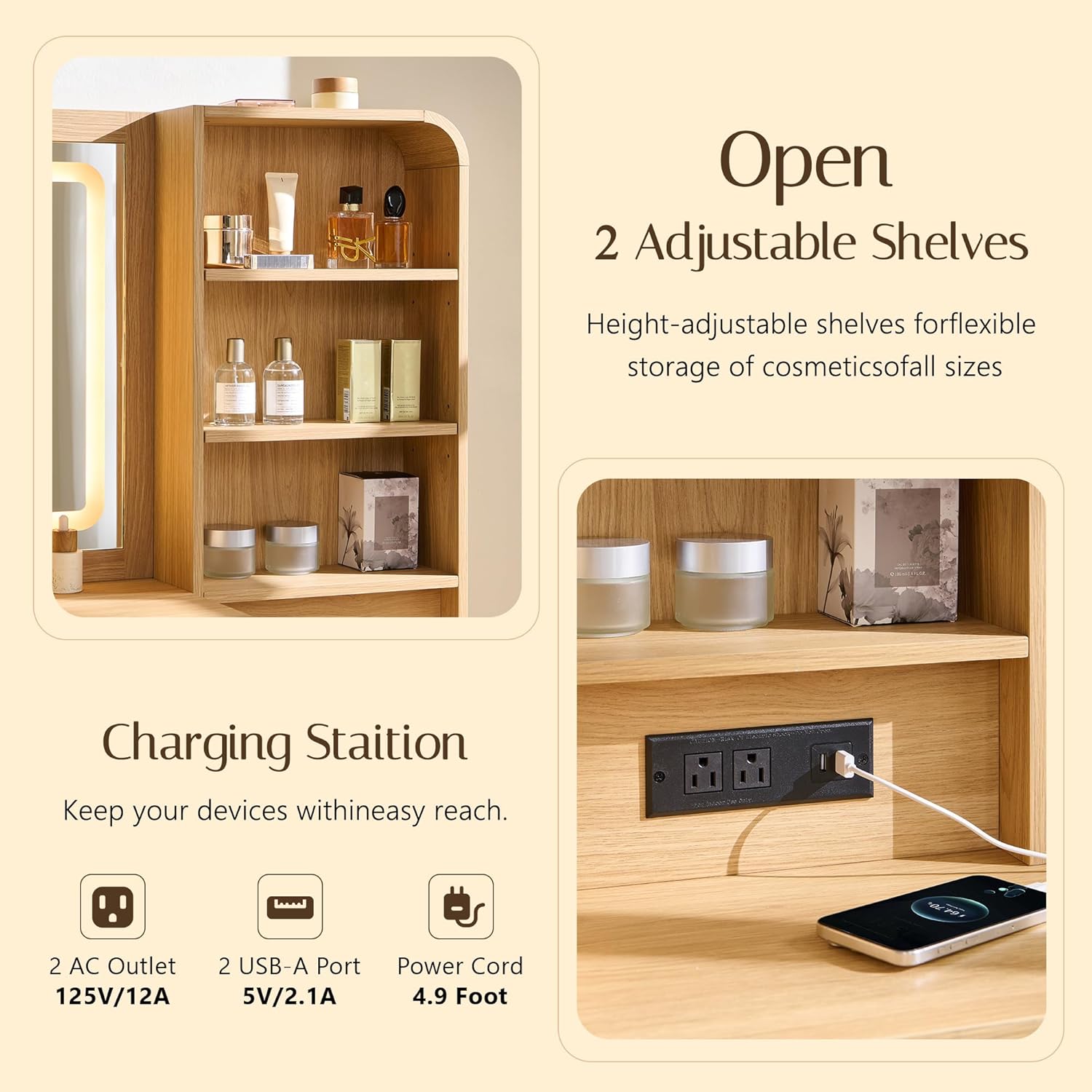 Aitjunz Vanity Desk with Mirror and Lights, 50” Modren Makeup Vanity with 35.43" Mirror and 5 Drawers, Makeup Table with Charging Station for Women and Girls, Bedroom (Natural)