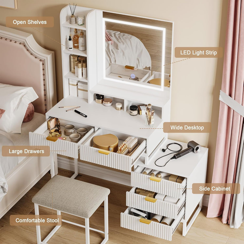 GarveeHome Makeup Vanity Desk with Mirror and Lights, 5-Drawer Vanity Table with Stool and Removable Side Storage Cabinet, Space-Saving Vanity Set for Bedroom