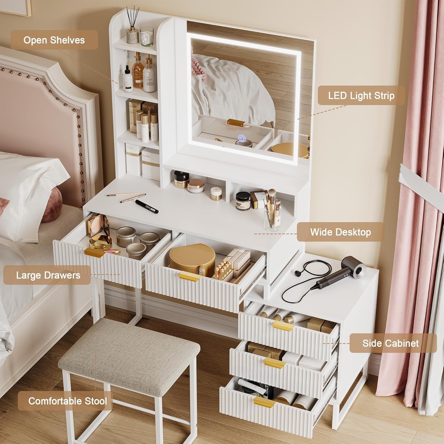 GarveeHome Makeup Vanity Desk with Mirror and Lights, 5-Drawer Vanity Table with Stool and Removable Side Storage Cabinet, Space-Saving Vanity Set for Bedroom