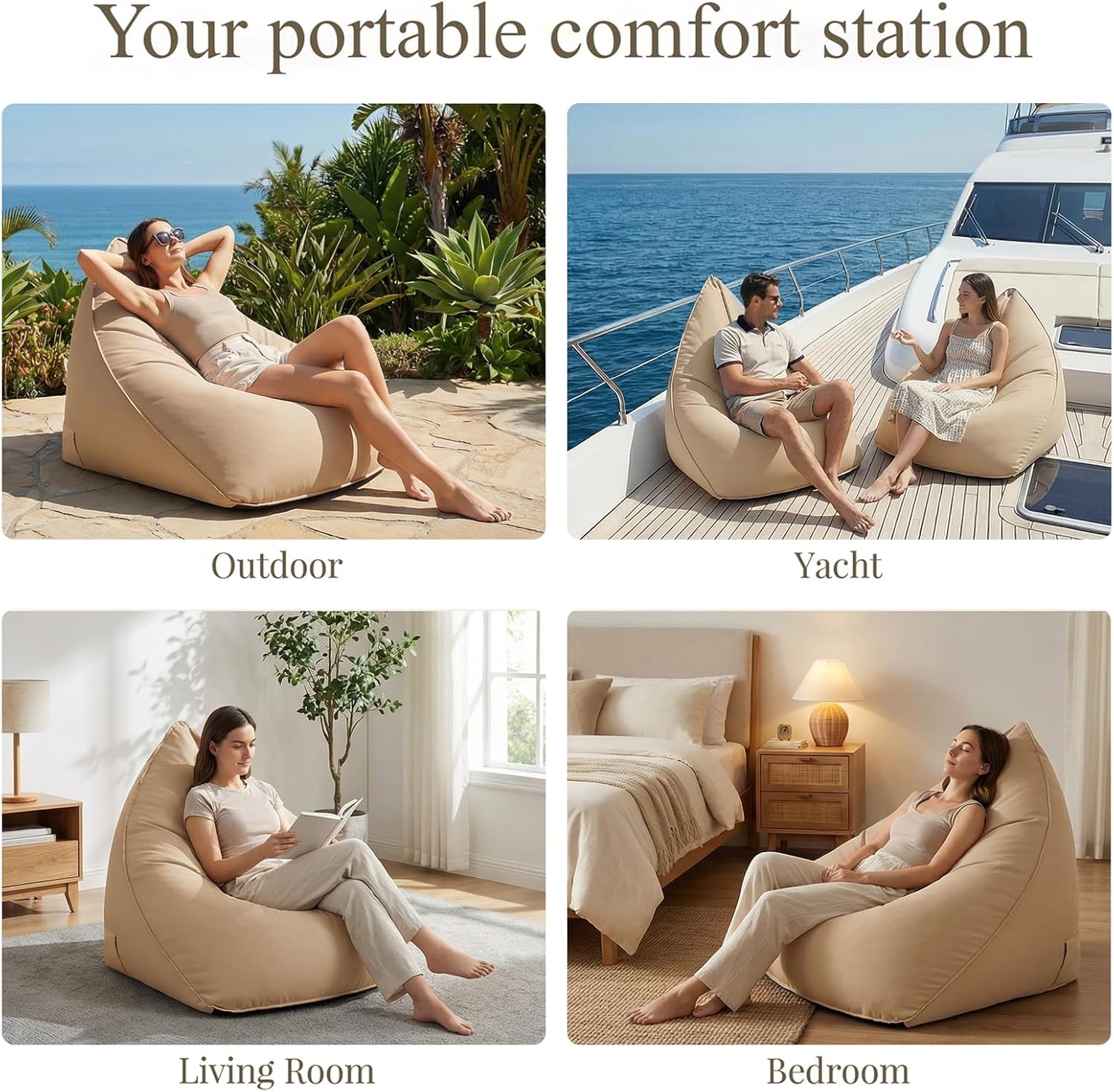 Deep Seating Bean Bag Chair for Adults, Memory Foam with Back Support Panel & Waterproof Fabric, Retains Shape for Yacht, Dock, Patio & Indoor Use, Khaki