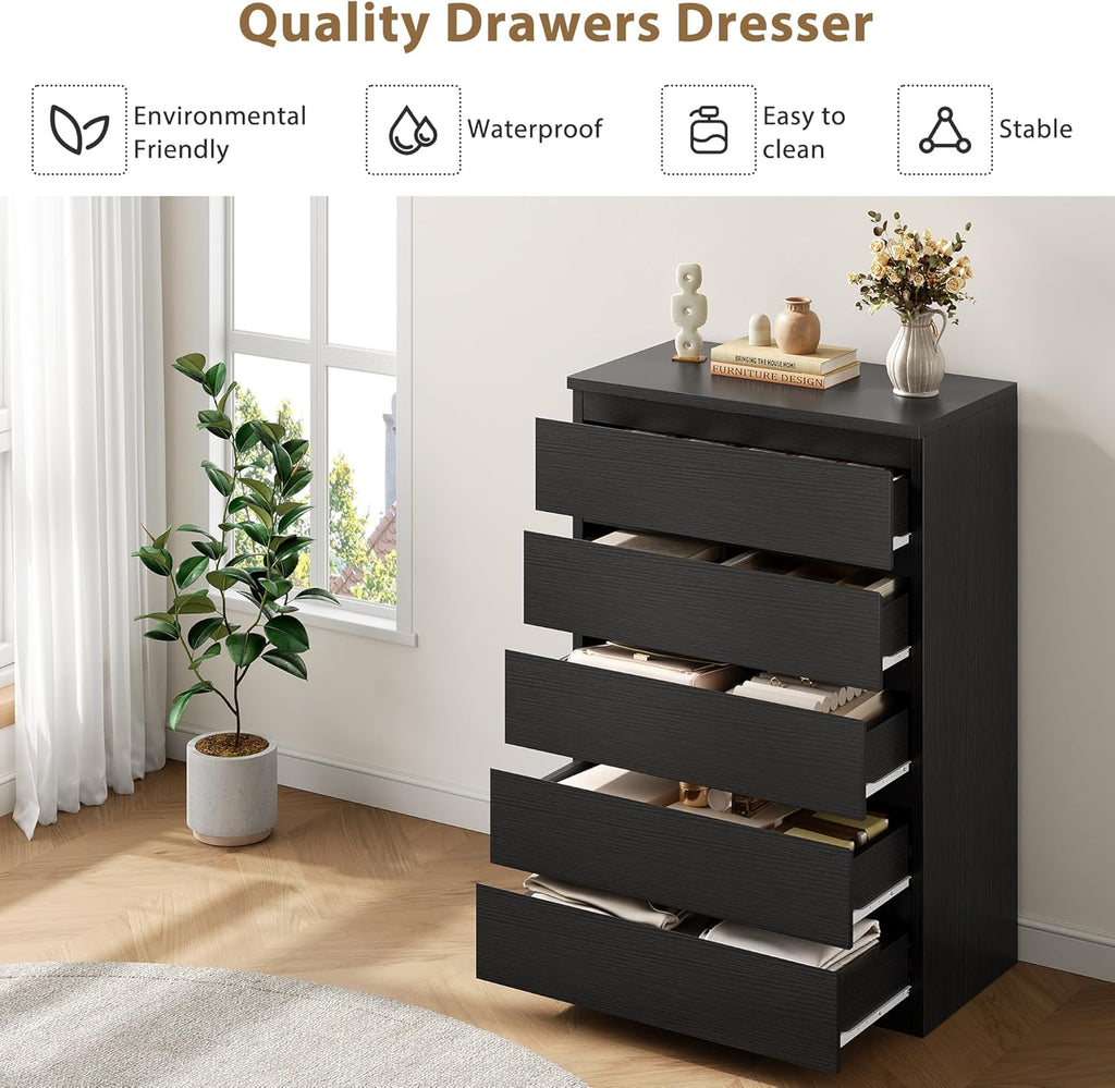 Jocoevol Black 5 Drawer Dresser for Bedroom, 15" D x 23.7" W x 40.4" H in Simply Chest of Drawers, Wood Storage Dresser with Drawers for Living Room Hallway Entryway, Black