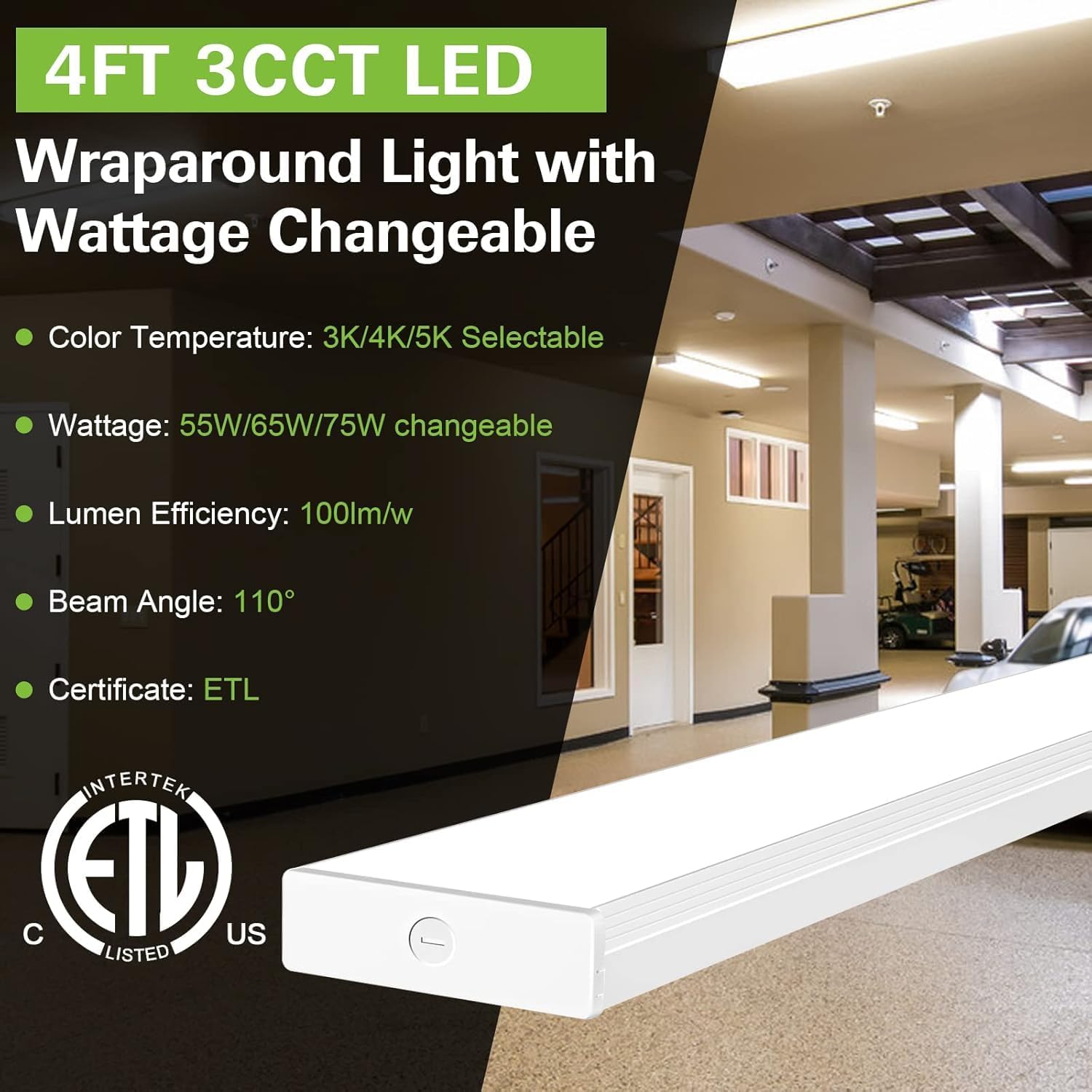 4 Pack 4FT LED Wraparound Light with 3 Wattages/3 Lumens/3 CCT Selectable, 55W/65W/75W, 5500lm/6500lm/7500lm, 3000K/4000K/5000K, 4 Foot LED Wrap Light Fixture, Flush Mount Office Ceiling Light, ETL