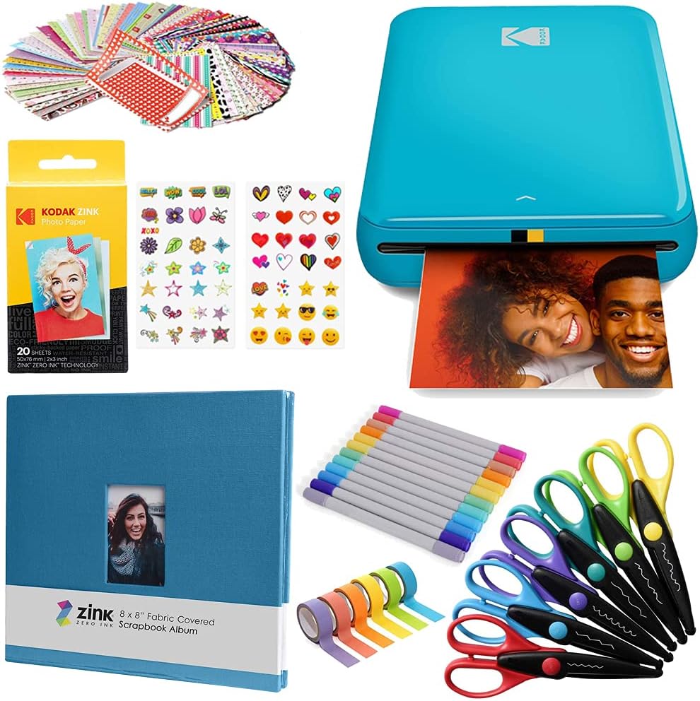 Kodak Step Wireless Photo Printer 2x3 inches Zink Paper Technology & Kodak App for iOS & Android (Blue) Scrapbook Bundle