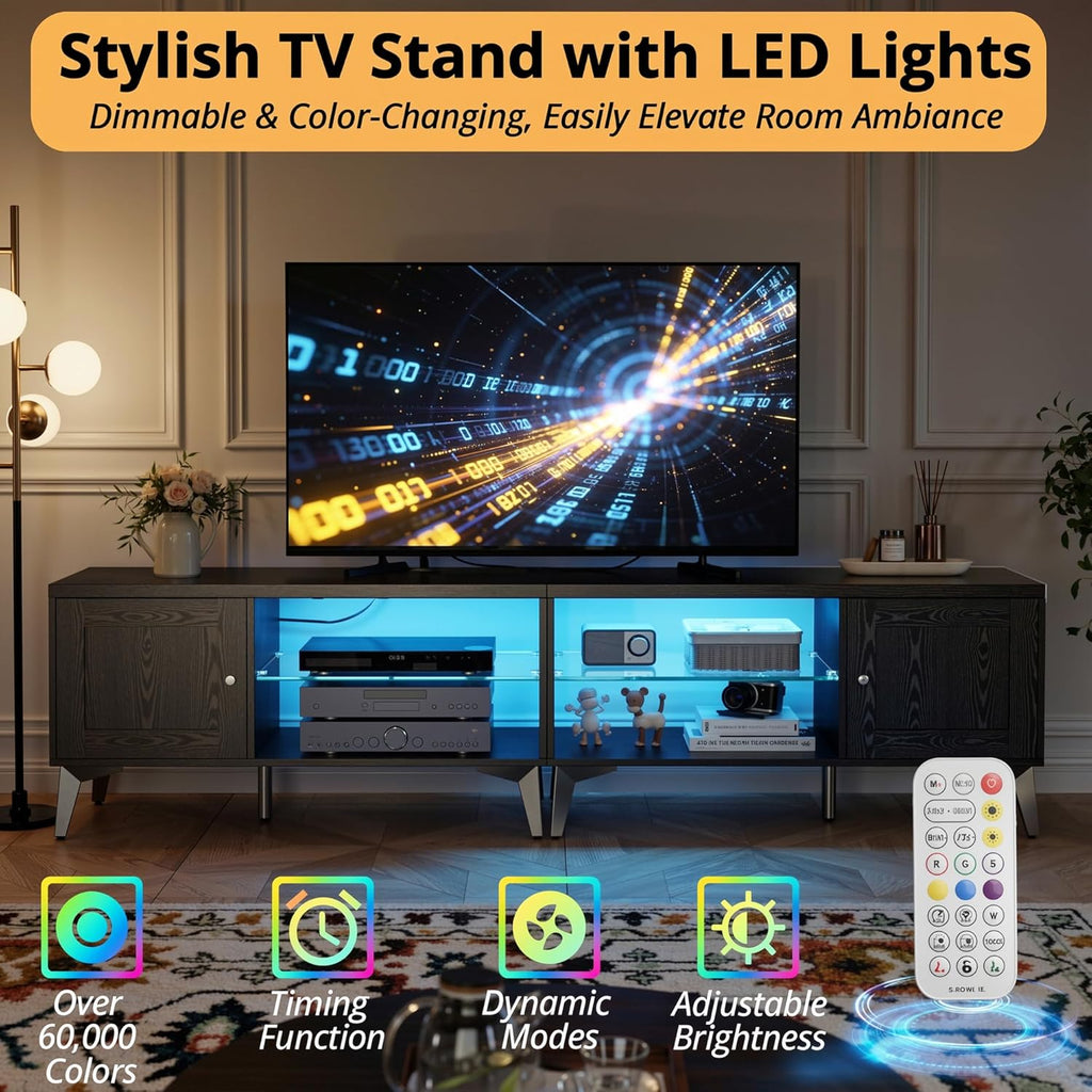 LIKIMIO 2-in-1 TV Stand for 85 Inch TV, Black TV Consoles with LED Lights & Charging Station, Entertainment Center with Storage Cabinets & Adjustable Glass Shelves, TV Table for Living Room & Bedroom
