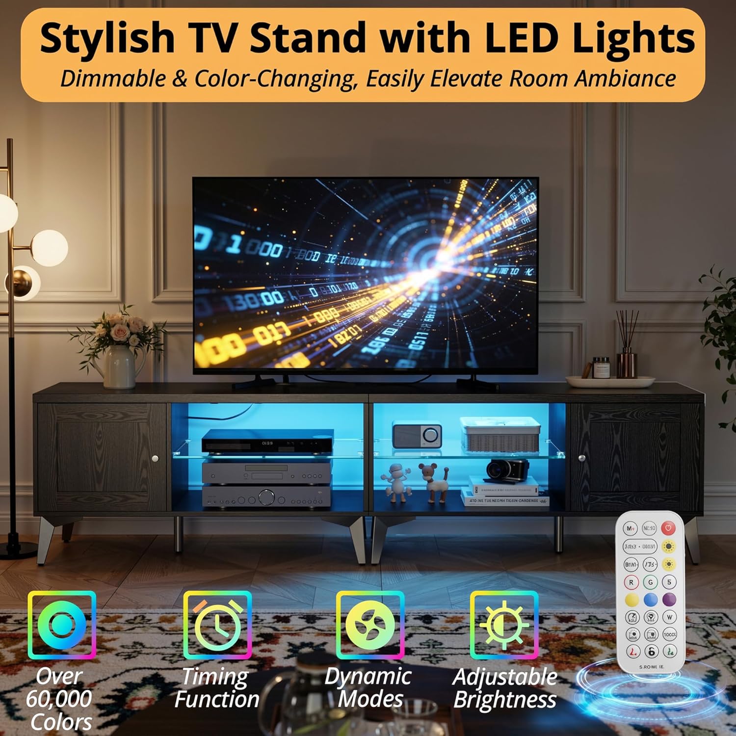 LIKIMIO 2-in-1 TV Stand for 85 Inch TV, Black TV Consoles with LED Lights & Charging Station, Entertainment Center with Storage Cabinets & Adjustable Glass Shelves, TV Table for Living Room & Bedroom