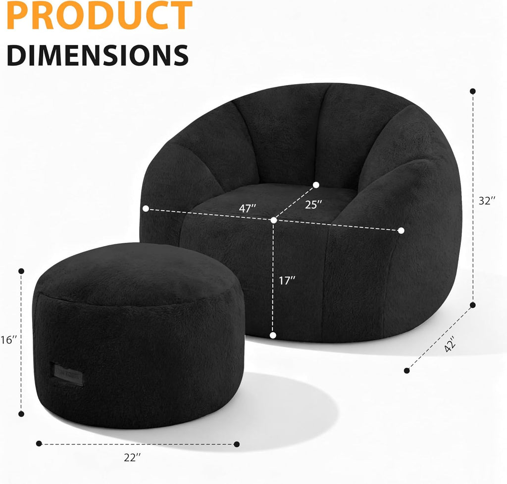HABUTWAY Bean Bag Chair, Oversized Shell-Shaped Bean Bag Couch with Ottoman, Giant Beanbag Chair for Adults and Kids, Comfy Bean Bag Sofa & Footstool, Large Floor Sofa for Living Room Bedroom, Black