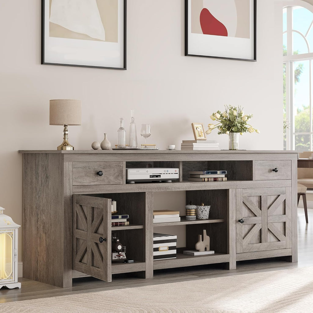 YITAHOME TV Stand for 75/80 Inch TV, Farmhouse Entertainment Center with Storage, 70 Inch TV Cabinet with Drawers and Power Outlet, TV Console for Living Room (Grey Oak)