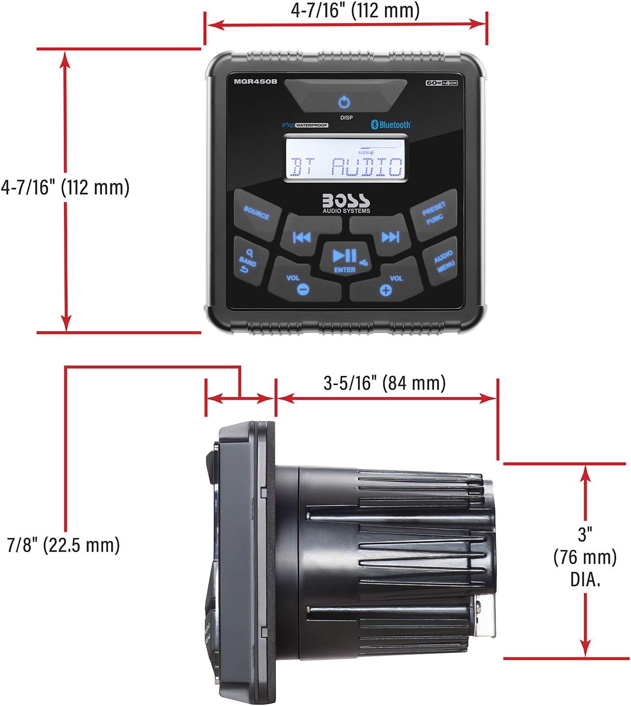 BOSS Audio Systems MGR450B Marine Gauge Receiver - Bluetooth, Digital Media MP3 Player, No CD Player, USB Port, AM/FM Radio, NOAA Weather Band Tuner, Weatherproof