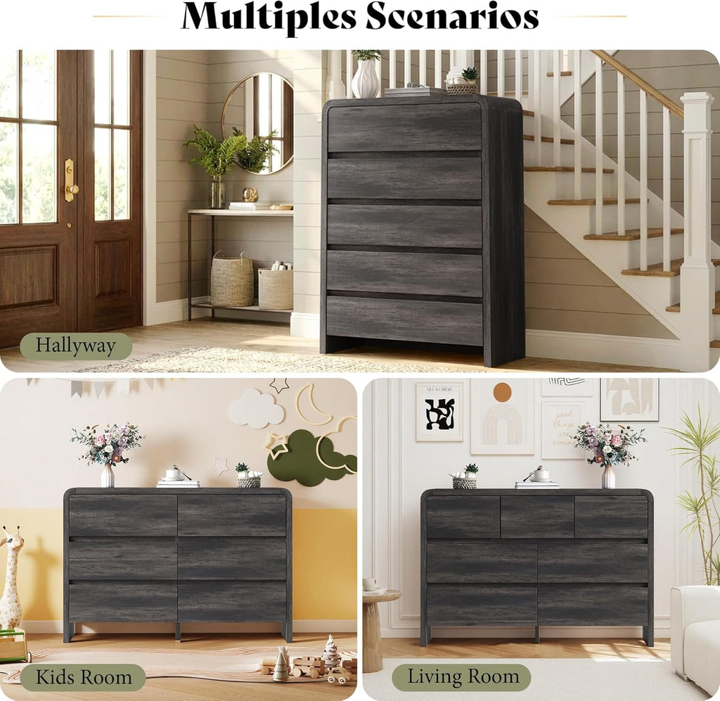 Modern 4-Piece Bedroom Furniture Set with 5-Drawer Dresser, 6-Drawer Dresser and 2 Nightstands, Large Storage Capacity, Rounded Corners, Flexible Combination Design, Anti-Tip Kit Included, Black