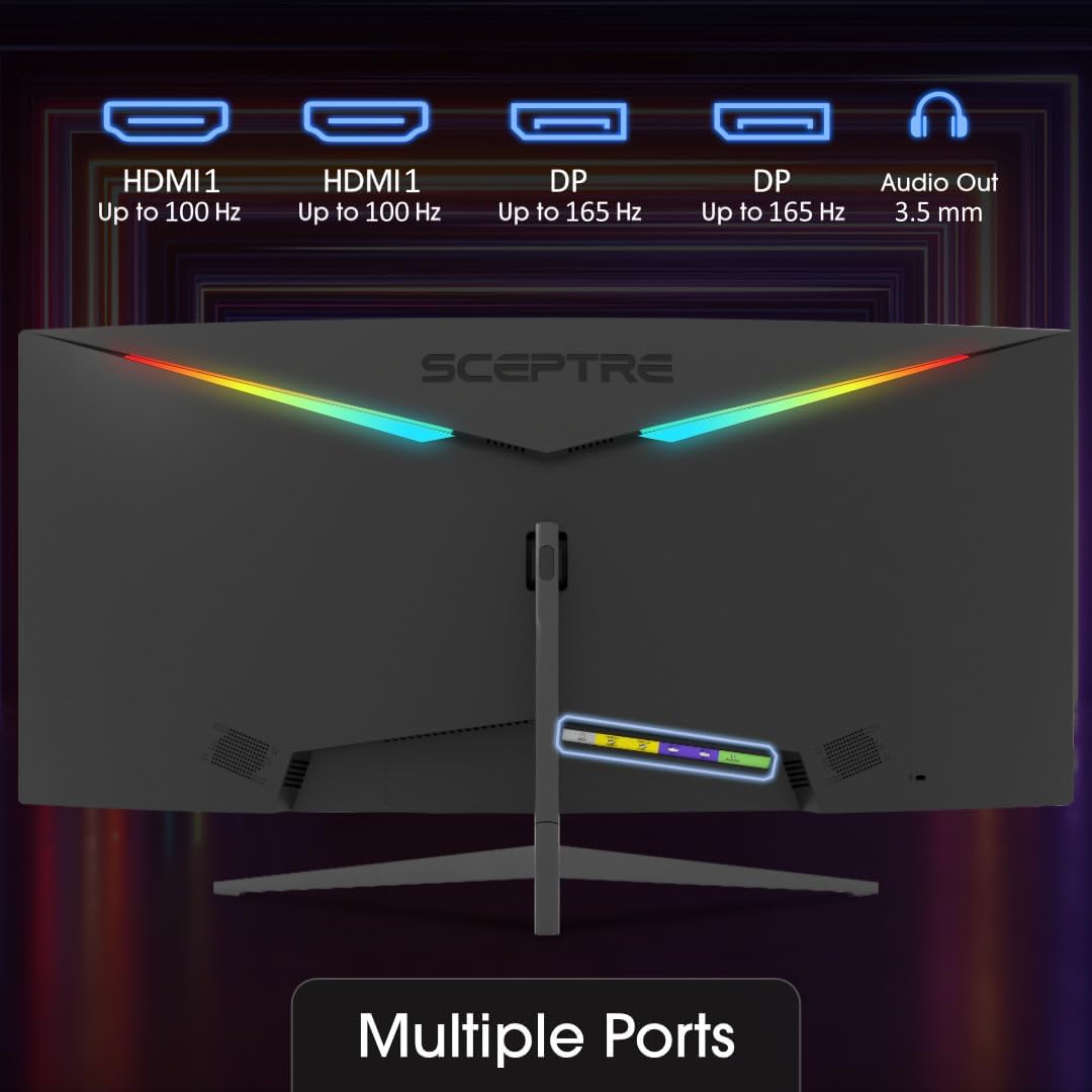 Sceptre 34-Inch Curved Ultrawide WQHD Monitor (3440 × 1440), R1500, up to 180Hz/165Hz, DisplayPort x2, 99% sRGB, 1ms, Built-in Speakers, Machine Black, 2025 (C345B-QUT168)