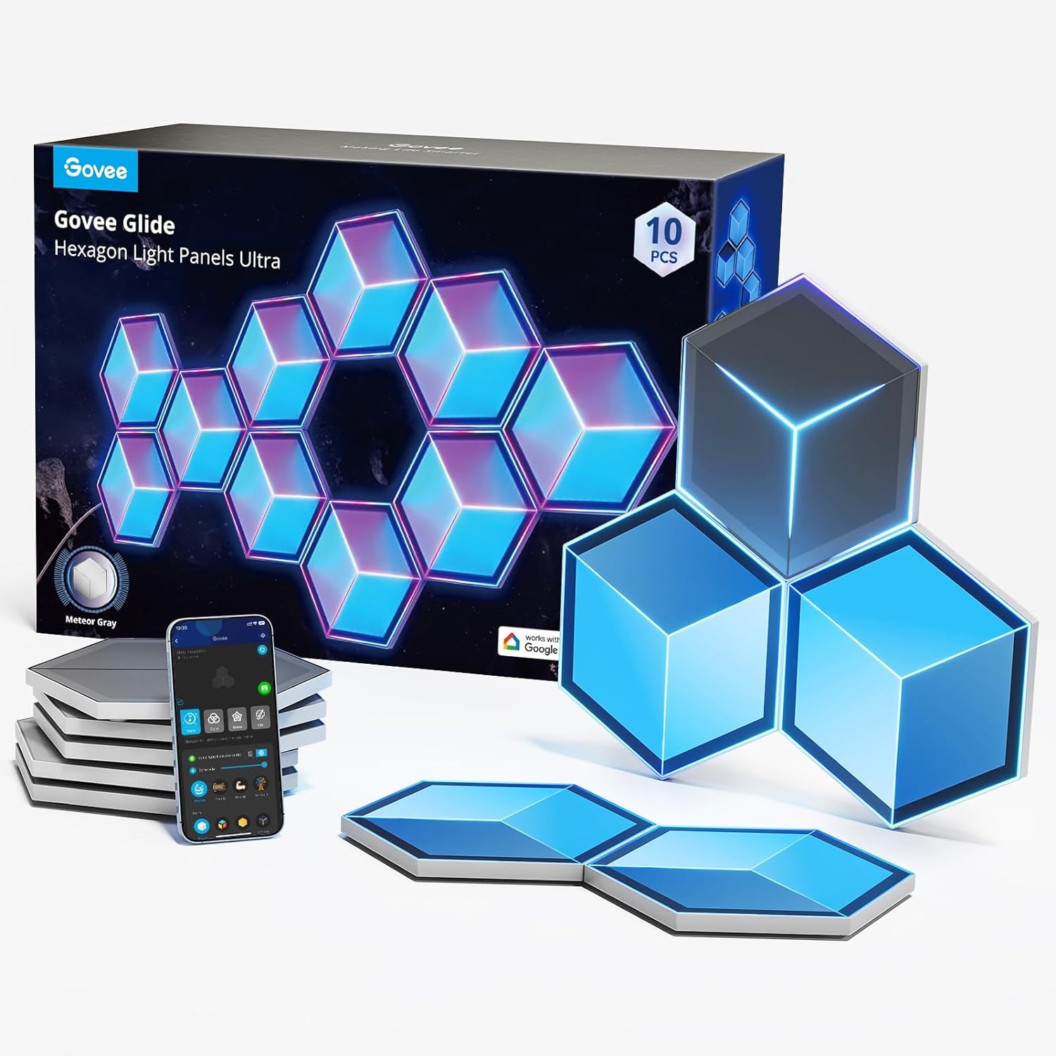 Govee Glide Hexagon Light Panels Ultra, RGBIC 3D Wall Lights with DIY Program, 60 Scenes and 129 Lamp Beads, Upgraded Gaming Light for Gaming Room, Compatible with Alexa, 10 Pack Meteor Gray