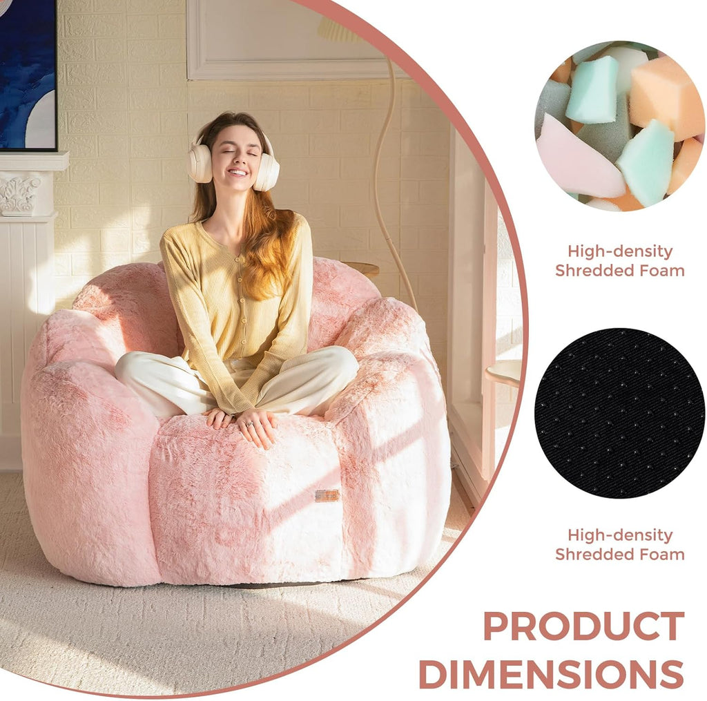 MAXYOYO Bean Bag Chair for Adults, Floral Shaped Bean Bag Sofa, Ultra Soft Faux Fur Floor Sofa, Large Reading Chair for Living Room Bedroom, Pink, Single