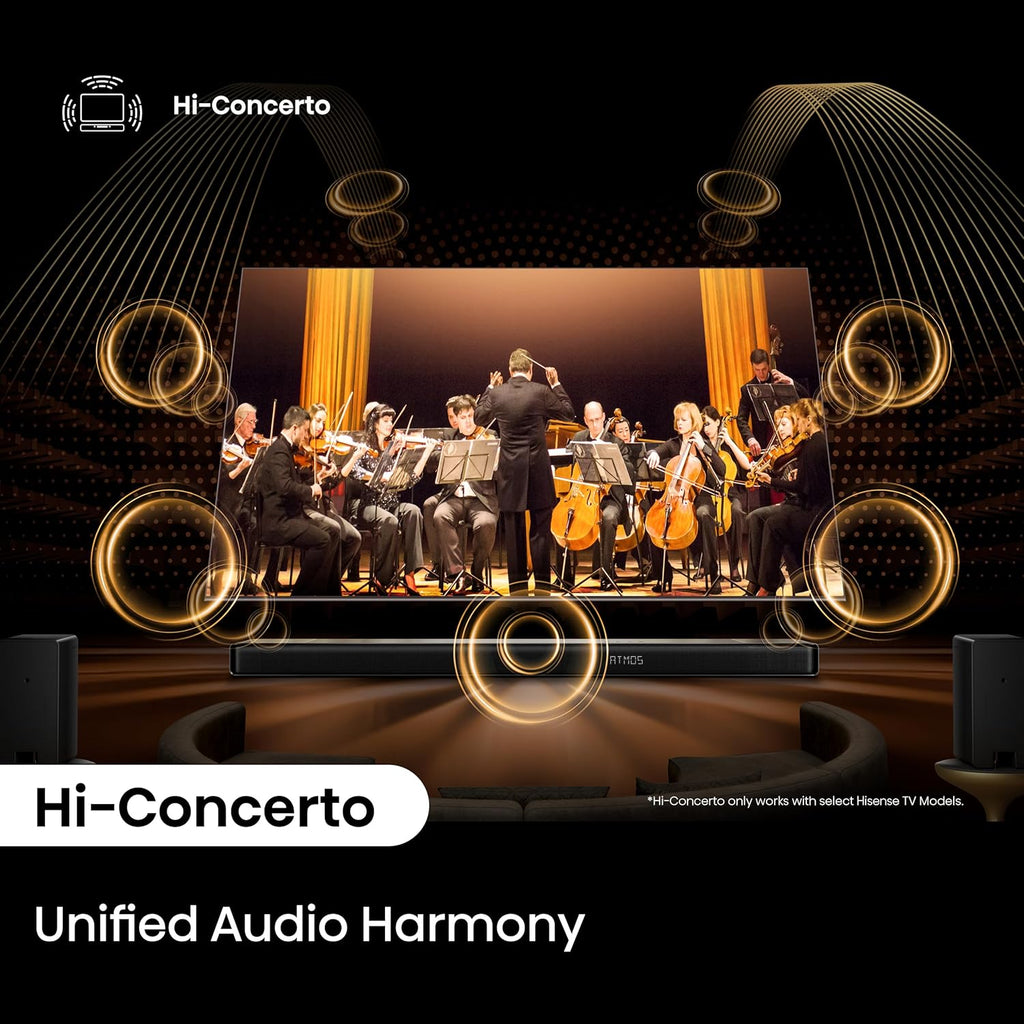 Hisense AX5140Q 5.1.4Ch Sound Bar with Wireless Subwoofer, Dolby Atmos, DTS:X, Bluetooth 5.3, Roku TV Ready, HDMI/AUX/ARC/Optical/USB, EzPlay, 7 EQ Modes, Hi Concerto, Room Calibration