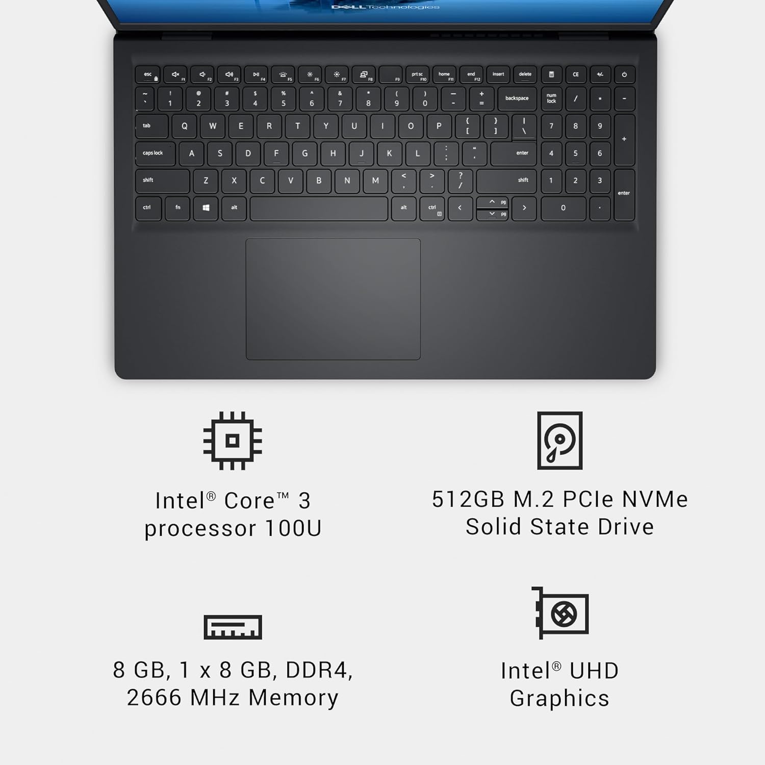 Dell 15 Laptop DC15250-15.6-inch FHD 120Hz Display, Intel Core 3 Processor 100U, 8GB DDR4 RAM, 512GB SSD, Intel UHD Graphics, Windows 11 Home, Onsite Service - Carbon Black