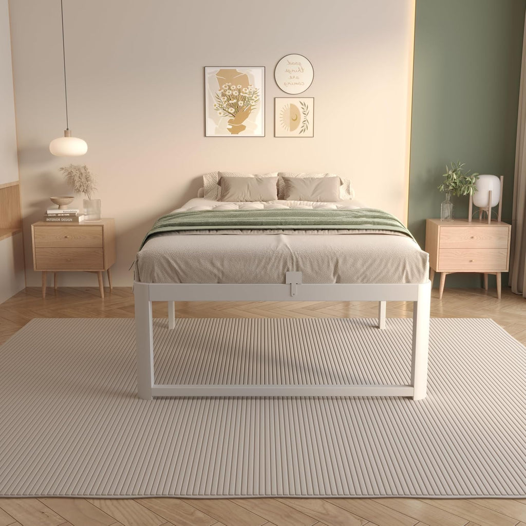 VYM 16 Inch Twin Size Bed Frames, Platform Bed with Metal Gaskets, Metal Bedframe No Box Spring Needed, DIY Headboard, Anti-Slip Mattress Stopper, Round Corner Leg, Easy Assembly, White