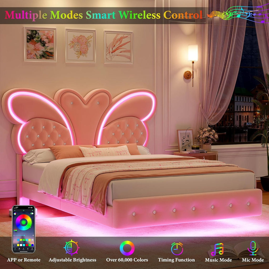 Keyluv Full Bed Frame Butterfly-Pattern Upholstered Headboard, Modern Floating Bed with LED Lights Button Tufted on Headboard and Footboard, Slats Support No Box Spring Needed, Noise-Free, Pink