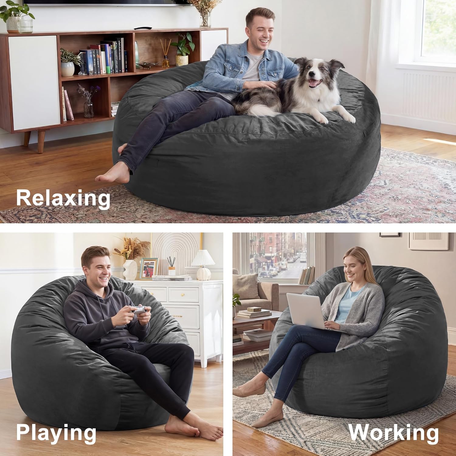 fond + found 5FT Bean Bag Chair for Adults - Giant Memory Foam Bean Bag with Removable Washable Cover, Large Comfy Bean Bag Chair with Handle & Side Pocket for Living Room, Bedroom, Gaming
