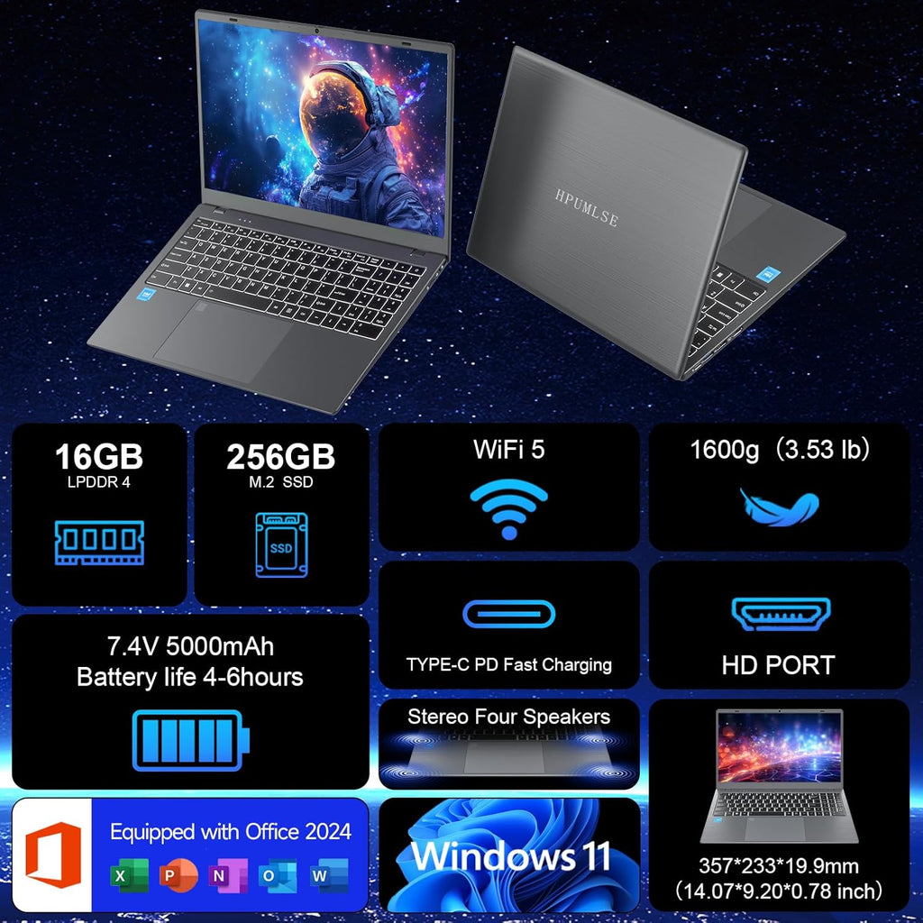 Windows11 Intel Laptop 15.6”HD Display（Celeron N5095） 16GB RAM 256GB SSD Storage .with Fingerprint Unlock | Privacy Camera | Backlit Keyboard .Suitable for Student and Business
