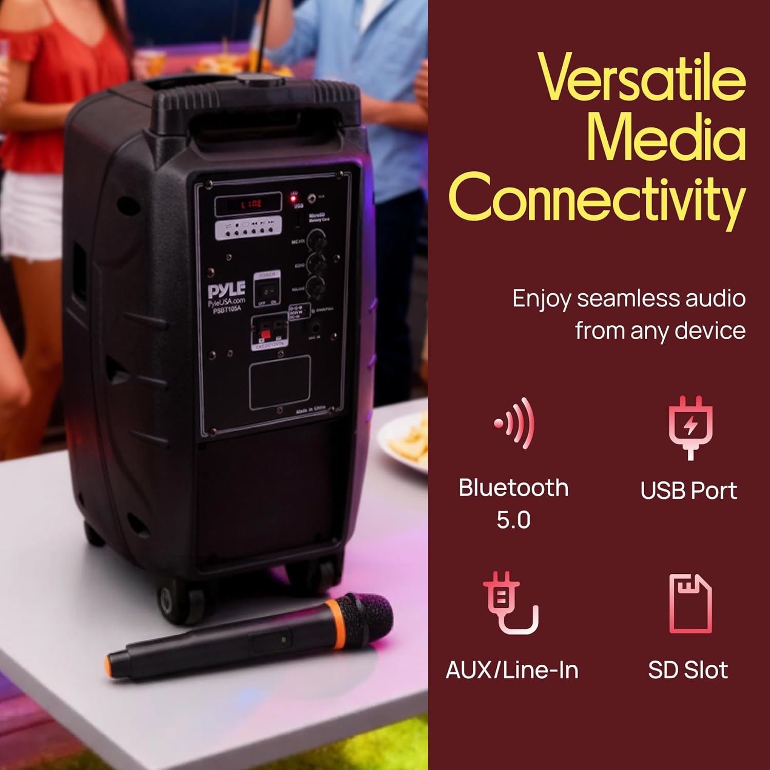 Pyle PSBT105A - 1000W Portable Bluetooth PA Speaker, 10'' Subwoofer, UHF Wireless Mic, MP3/USB/SD, Rechargeable Battery, LED Battery Indicator Lights, Black