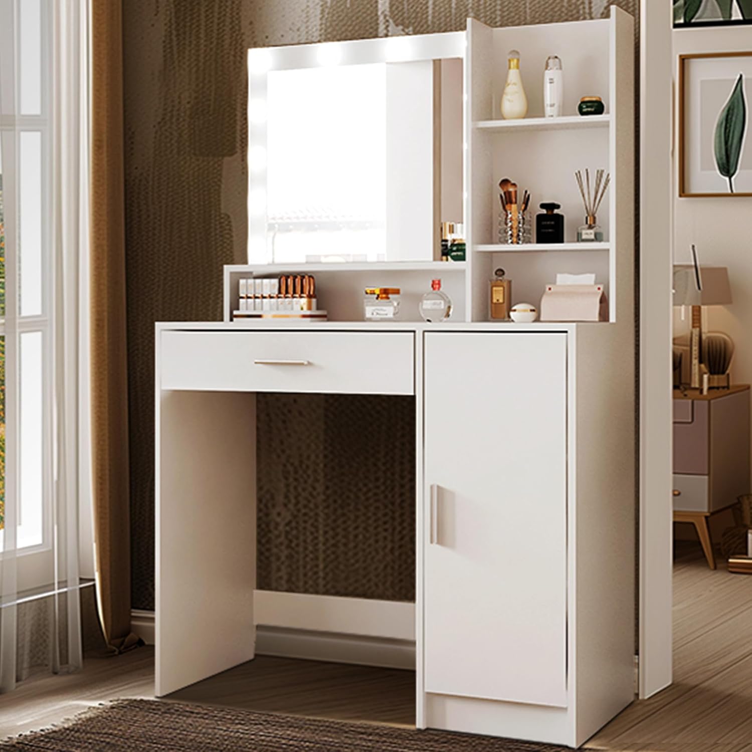 Palimder Vanity Desk with Mirror and Light, Large Drawer and Three Level Storage Dresser, 3 Lighting Modes Adjustable Brightness, Bedroom Dressing Table (White)