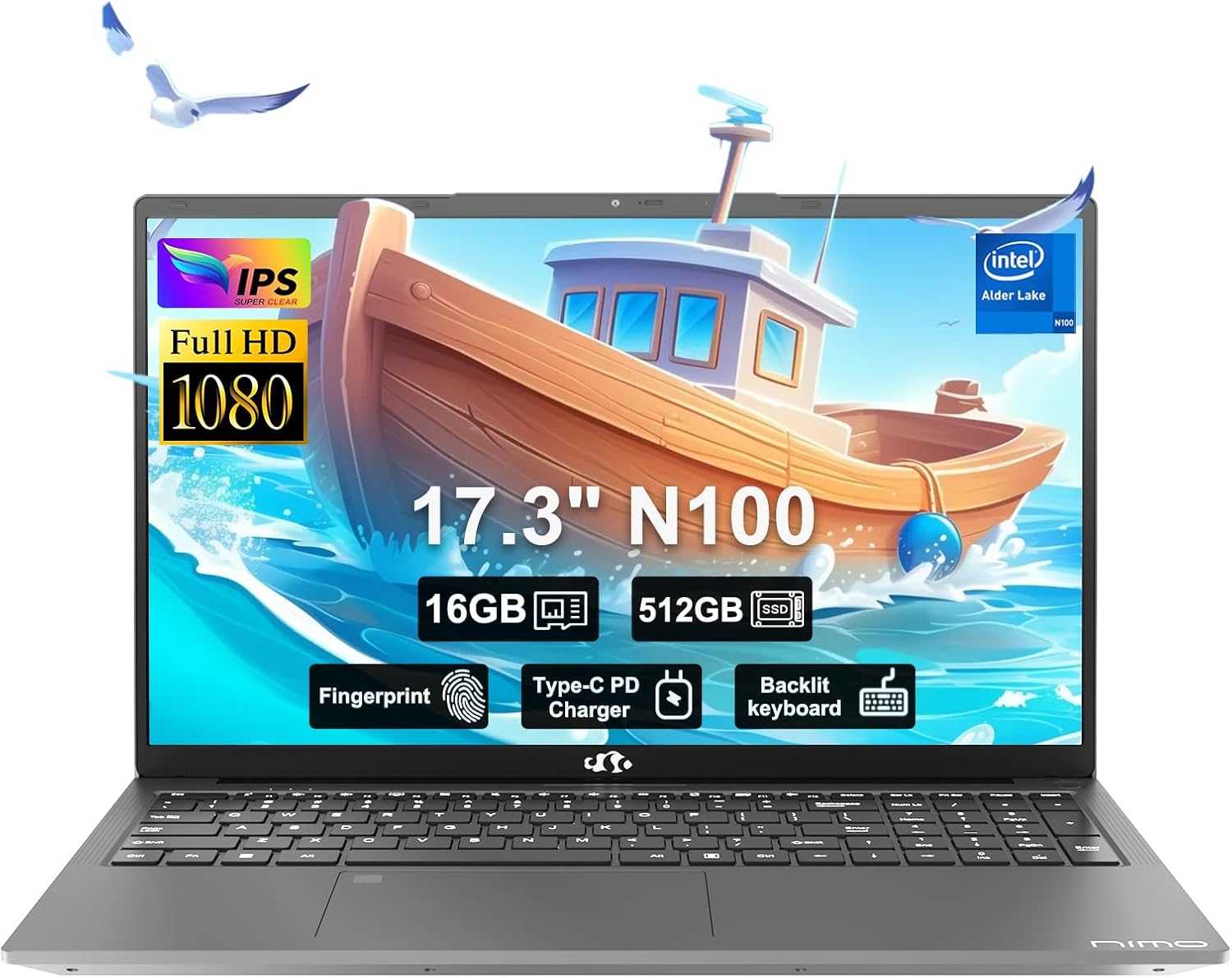 17.3" FHD IPS Student-Laptop-Computer - 16GB RAM 512GB SSD Intel Pentium N100(Beat to i3-1115G4, 4 Cores Up to 3.4GHz), 65W Type-C, 2 Years Warranty, Fingerprint, Backlit Keyboard, Wi-Fi 6, BT5.2